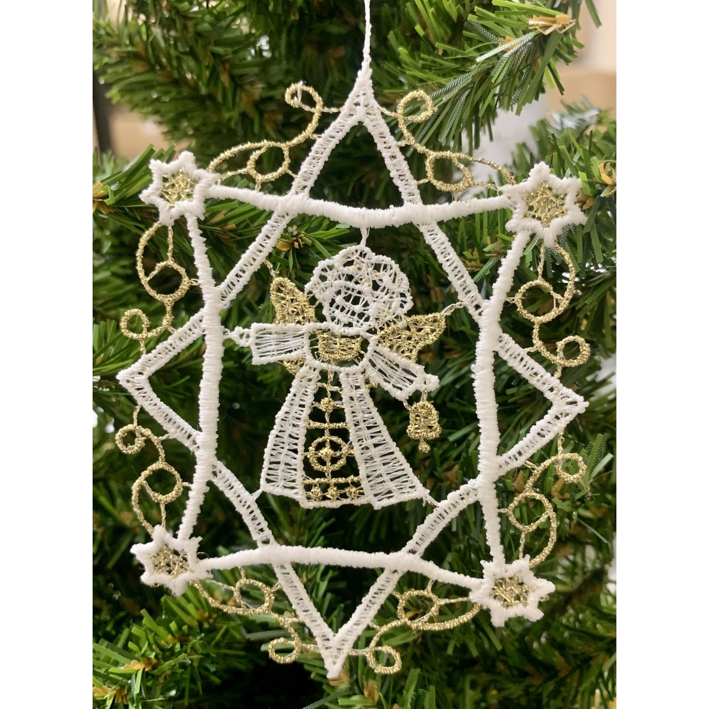 White and Gold Lace 8 Point Snowflake with Angel Hanging Ornament Set of 6