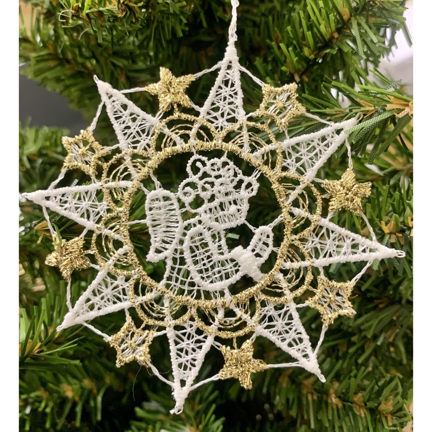 White and Gold Lace 8 Point Snowflake with Angel Hanging Ornament Set of 6