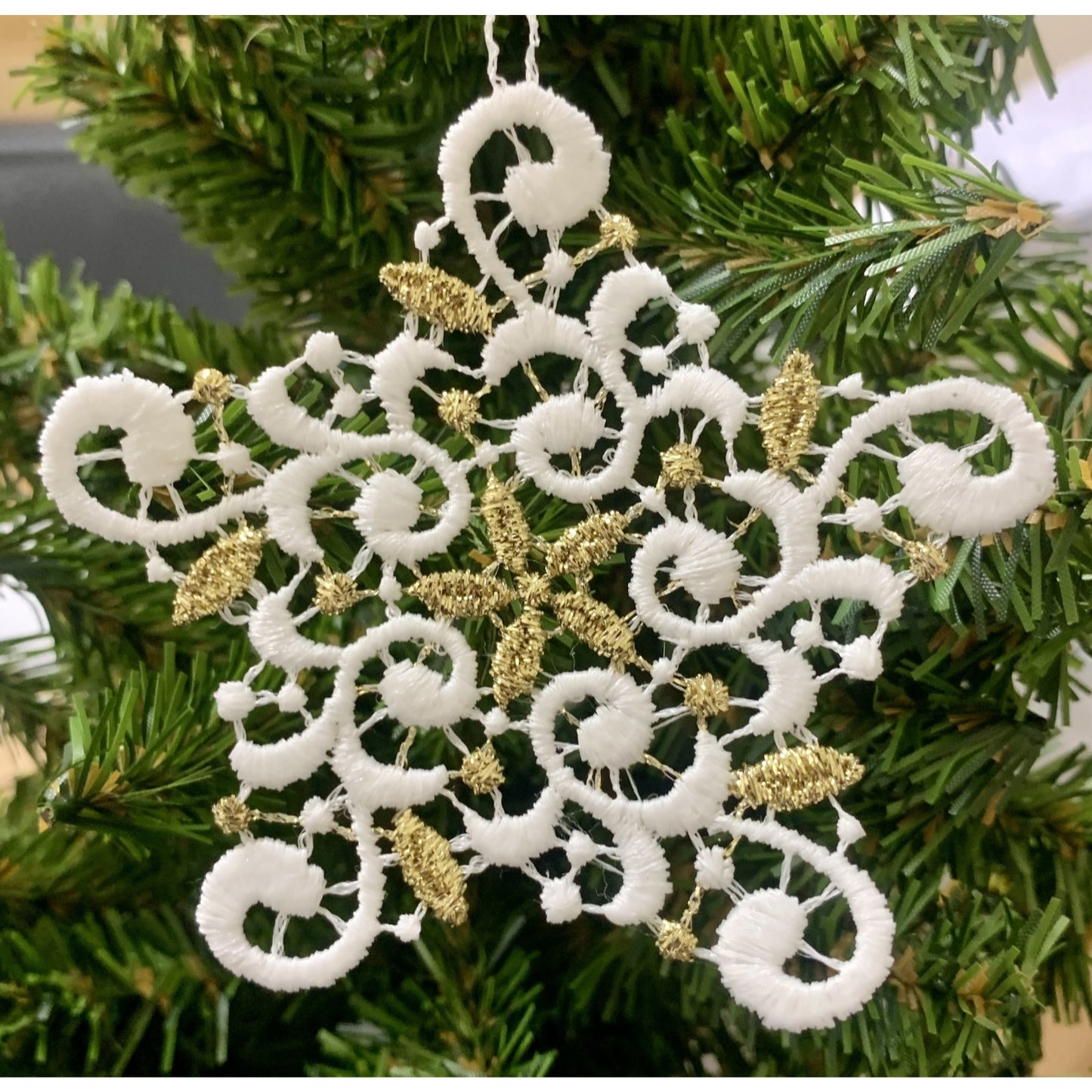 White and Gold Lace 5 Point Fancy Spiral Snowflake Hanging Ornament Set of 6