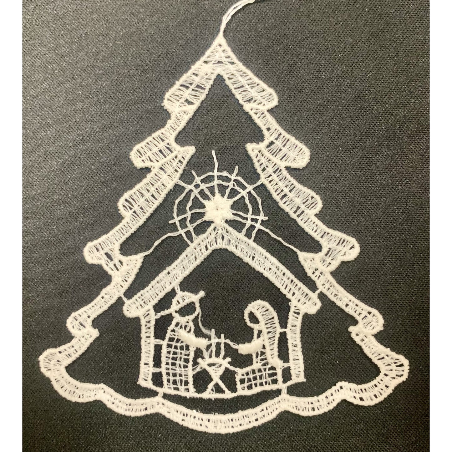 Nativity Scene inside White Lace Christmas Tree Hanging Ornament Set of 6