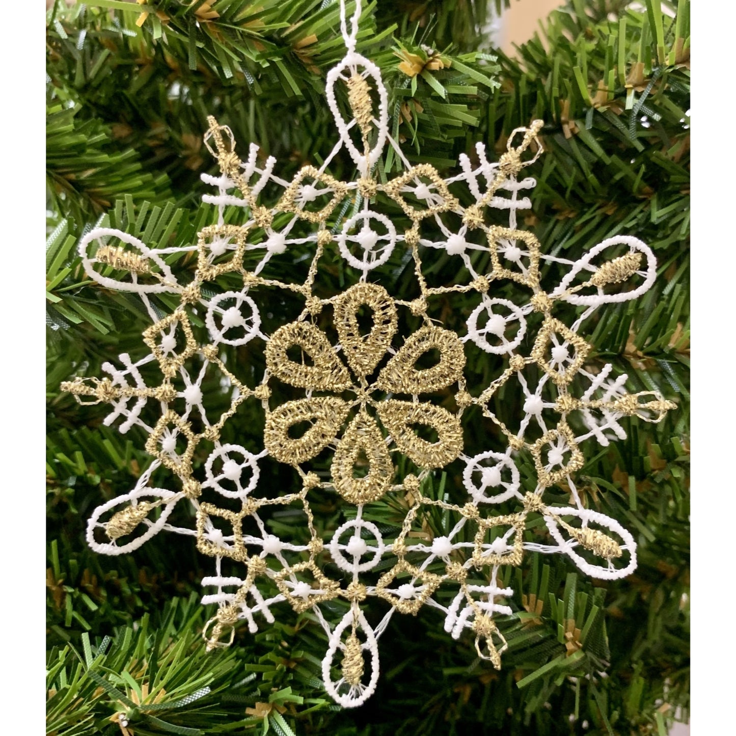 White and Gold Lace 12 Point Glitter Snowflake Hanging Ornament Set of 6