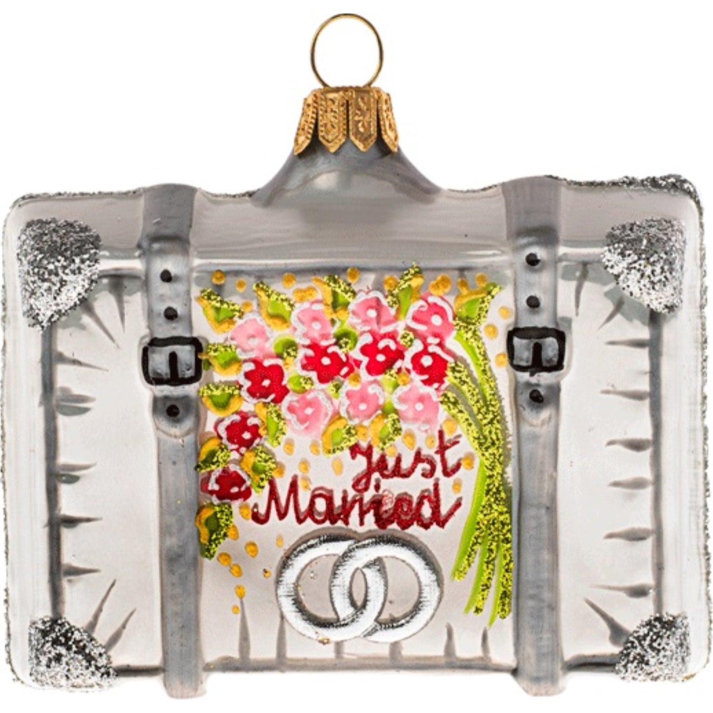Wedding Just Married Honeymoon Travel Suitcase Glass Christmas Ornament ONE Pc
