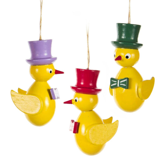 Top Hat Chicks German Wood Christmas Easter Ornament Set of 3 Decorations