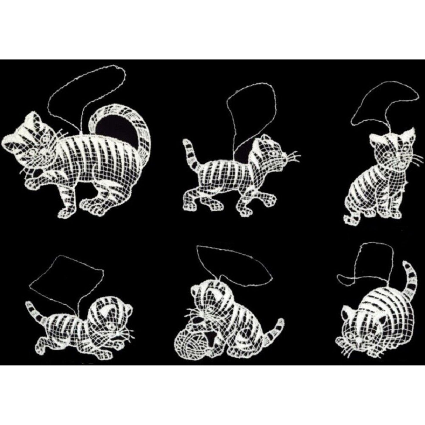 Cat with Kittens German Lace Christmas Tree Ornaments Set of 6 Decorations