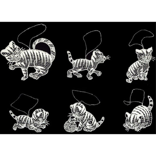 Cat with Kittens German Lace Christmas Tree Ornaments Set of 6 Decorations
