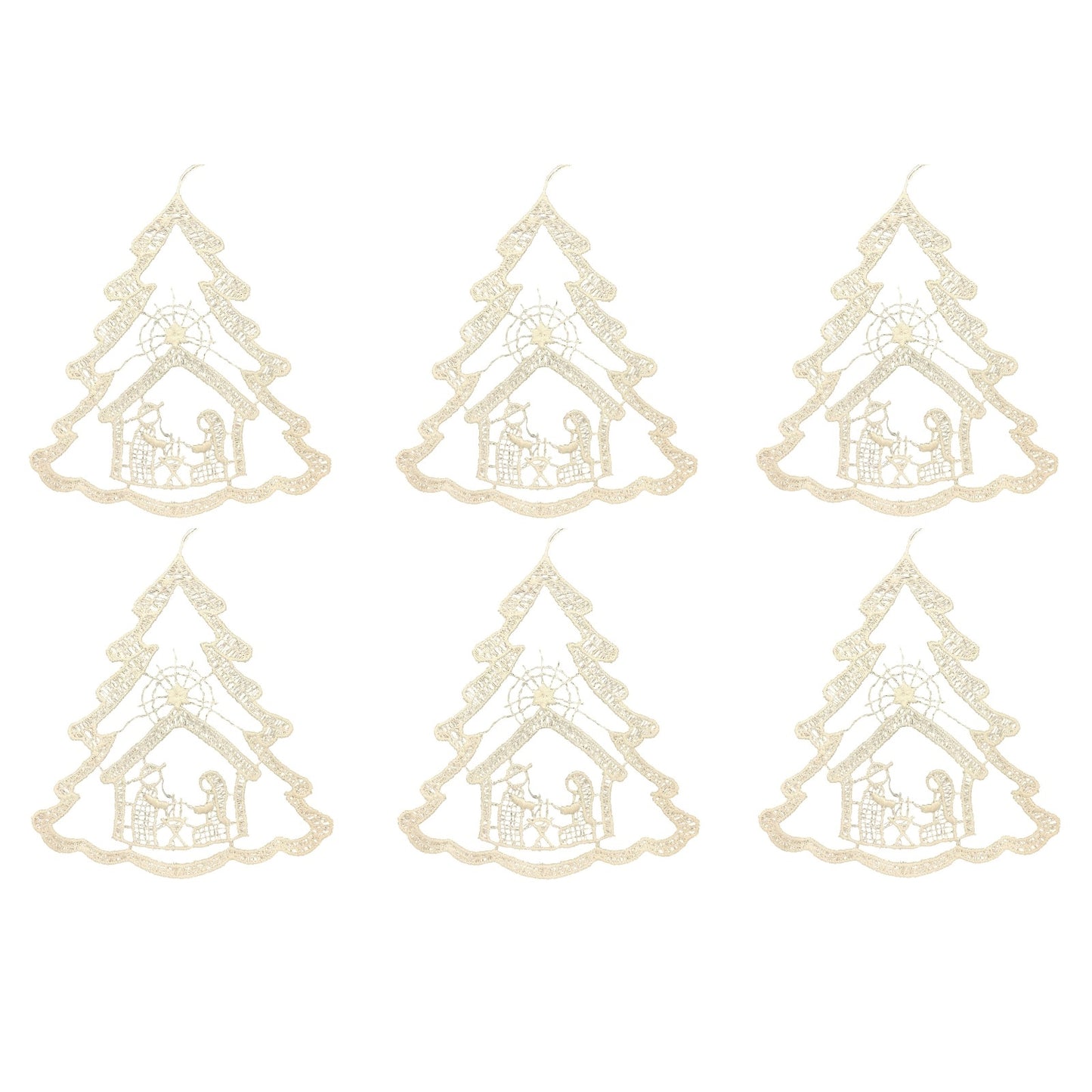Nativity Scene inside White Lace Christmas Tree Hanging Ornament Set of 6