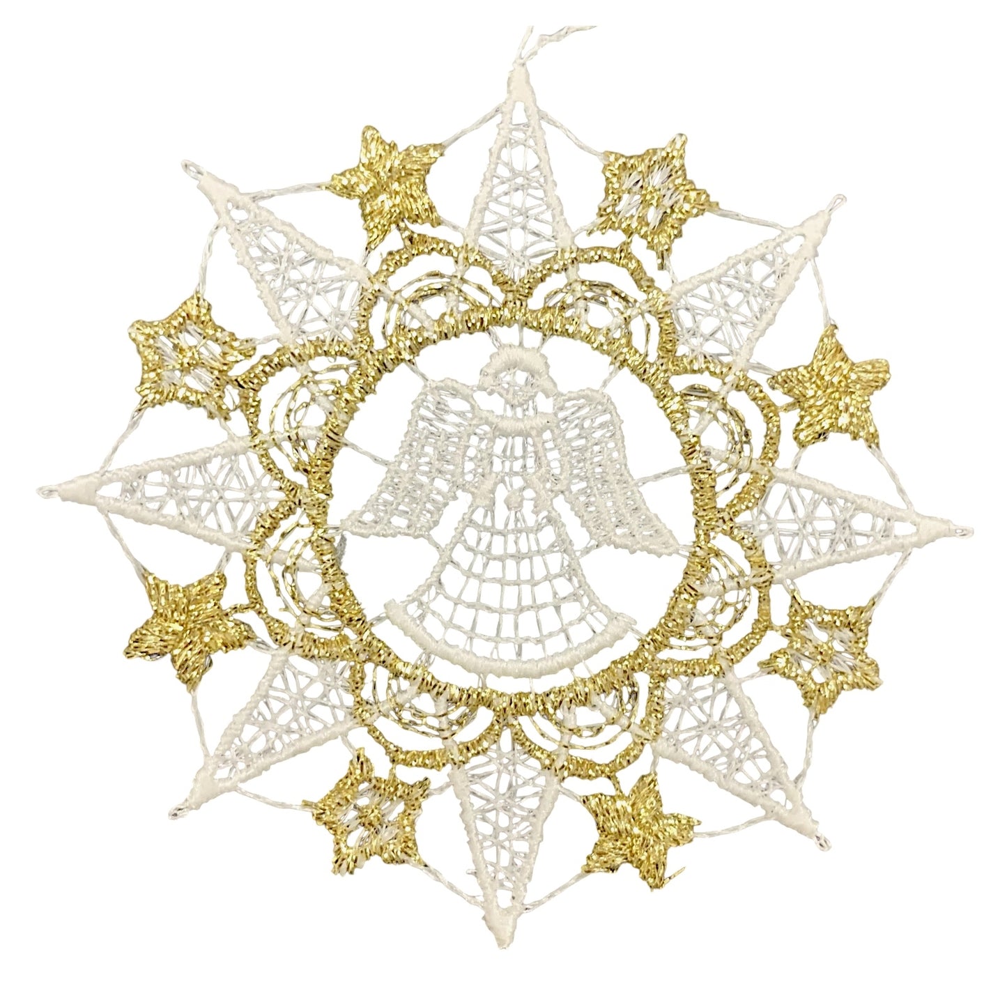 White and Gold Lace 8 Point Snowflake with Standing Angel Ornament Set of 6