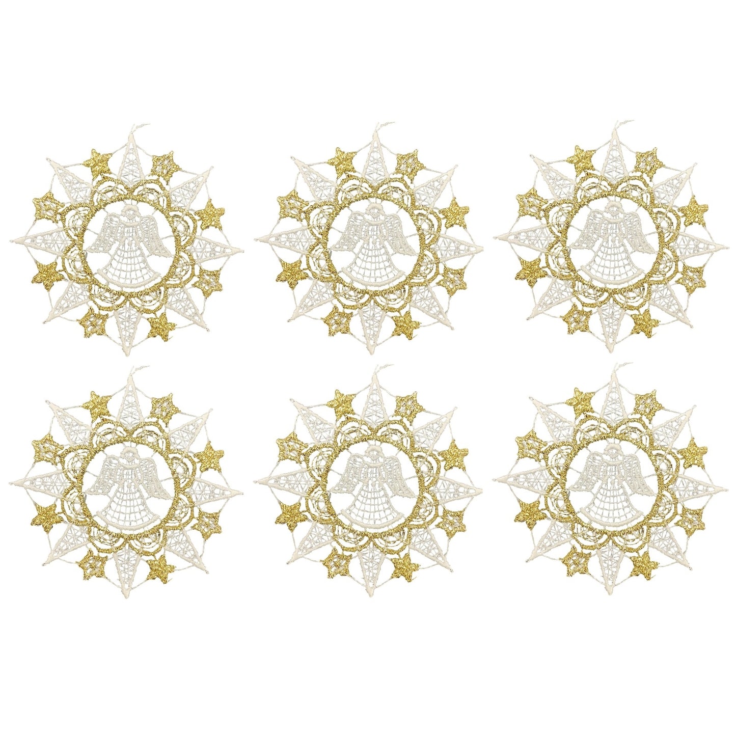 White and Gold Lace 8 Point Snowflake with Standing Angel Ornament Set of 6