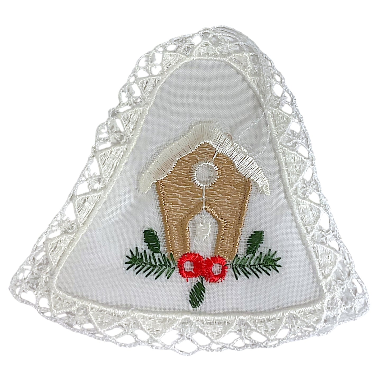 White Lace Bell with Brown Birdhouse in Center Hanging Ornament Set of 6