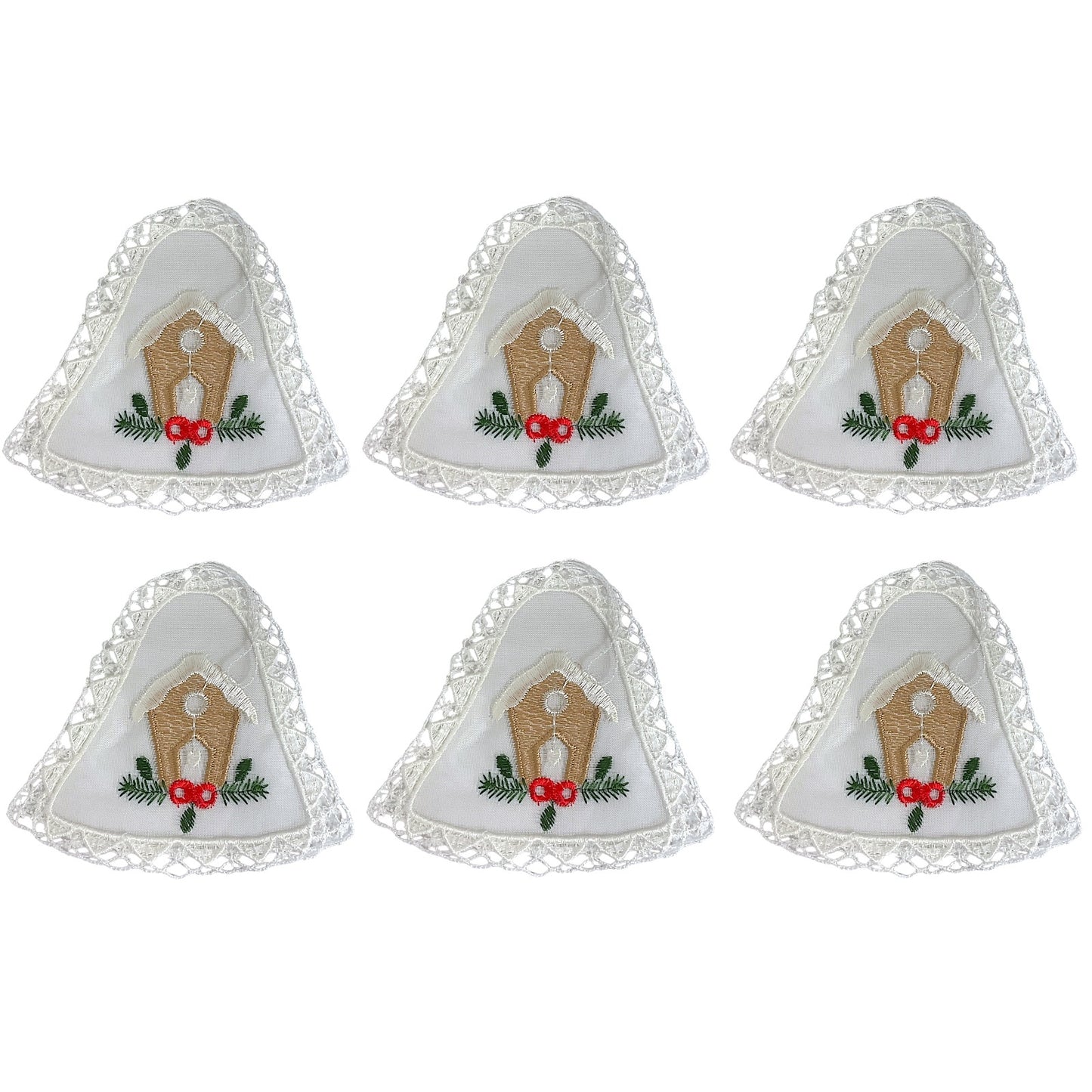 White Lace Bell with Brown Birdhouse in Center Hanging Ornament Set of 6