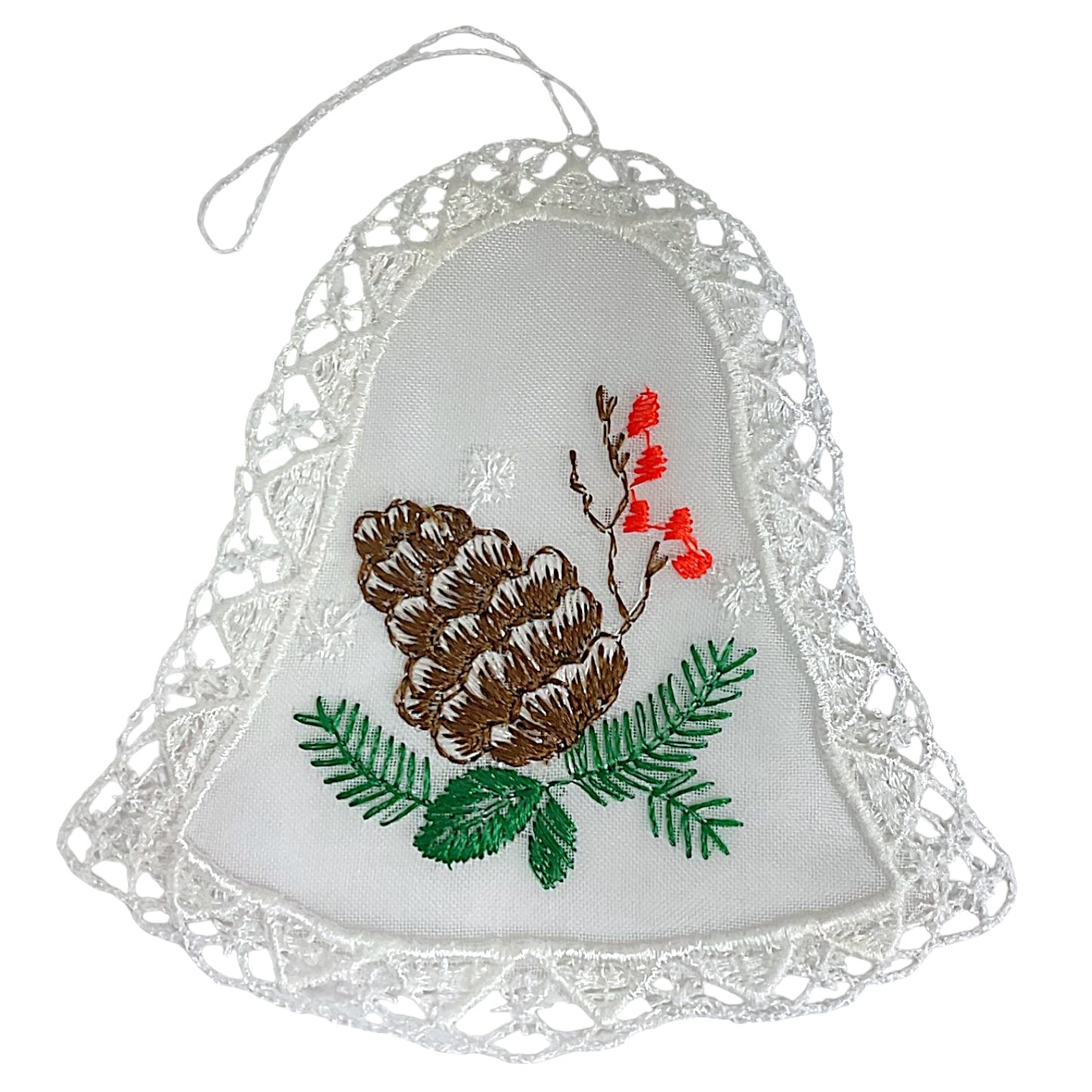 White Lace Bell with Brown Pine Cone in Center Hanging Ornament Set of 6