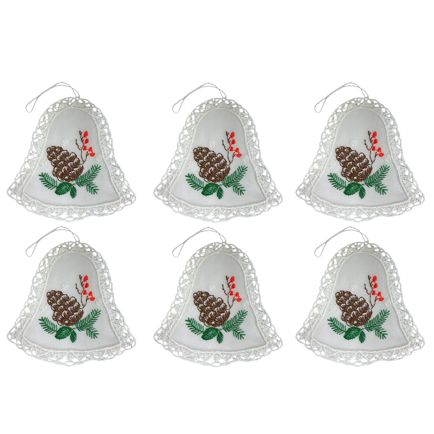 White Lace Bell with Brown Pine Cone in Center Hanging Ornament Set of 6