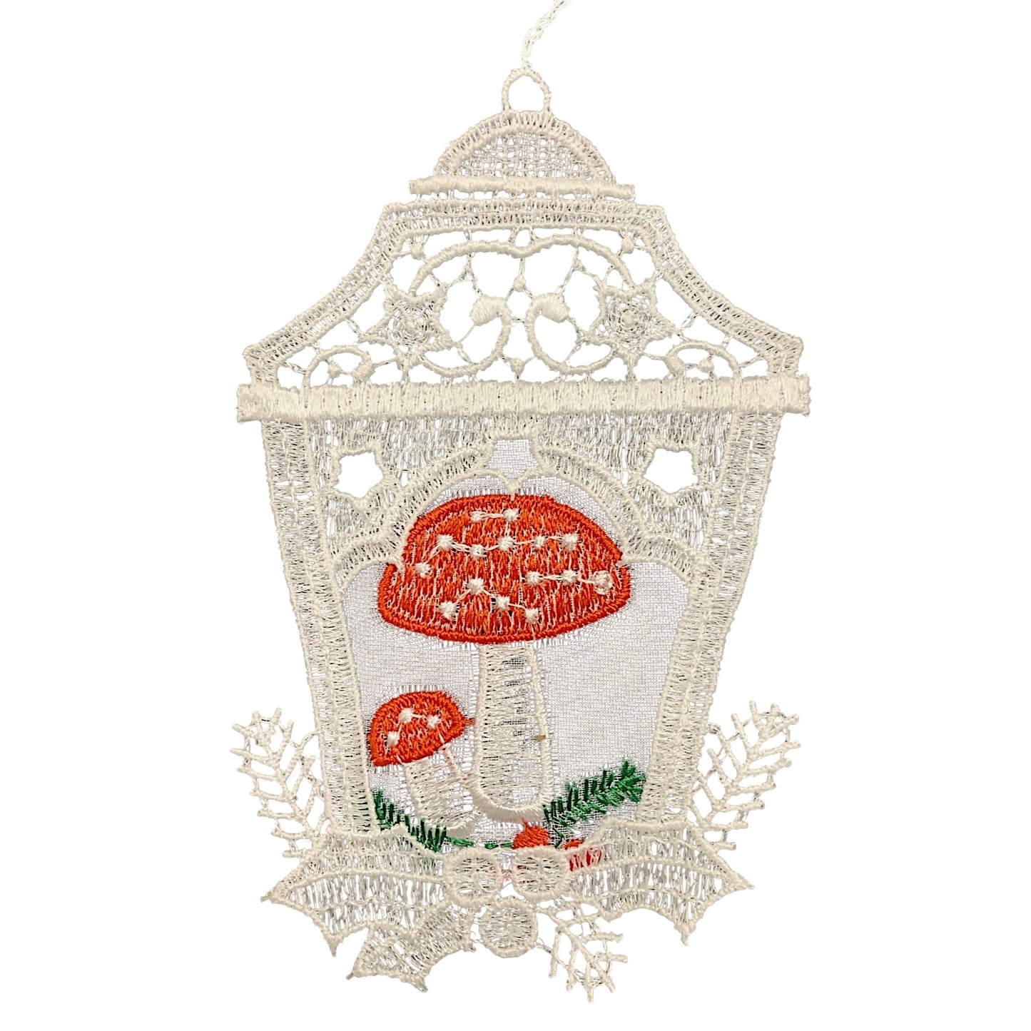 White Lace Bell with Red Top Mushrooms in Center Hanging Ornament Set of 6