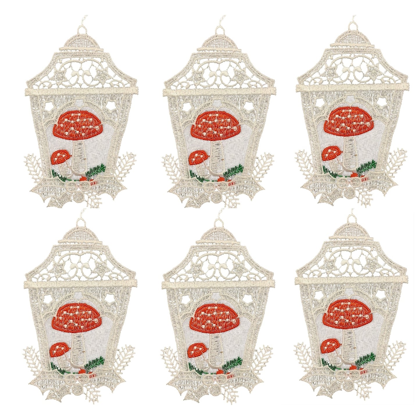 White Lace Bell with Red Top Mushrooms in Center Hanging Ornament Set of 6