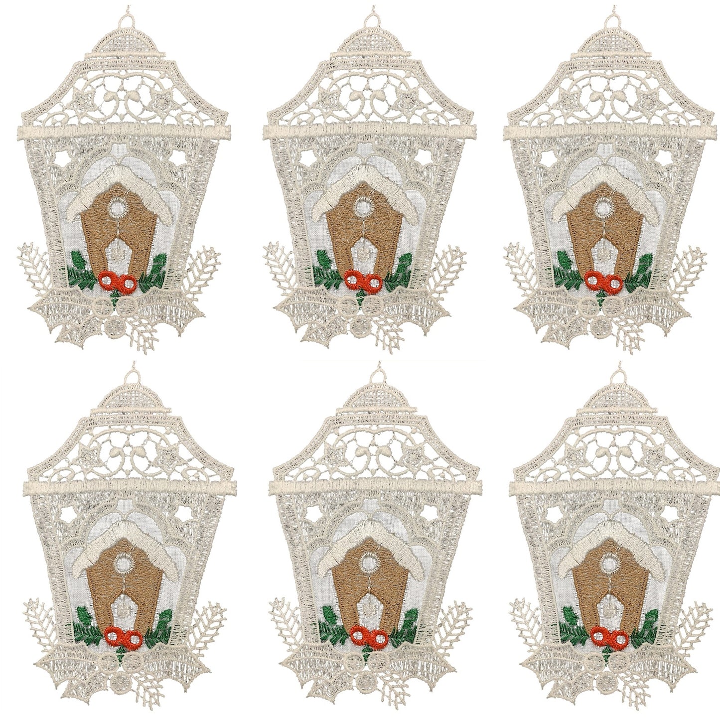 Lantern with Gingerbread House German Lace Christmas Ornament Set of 6