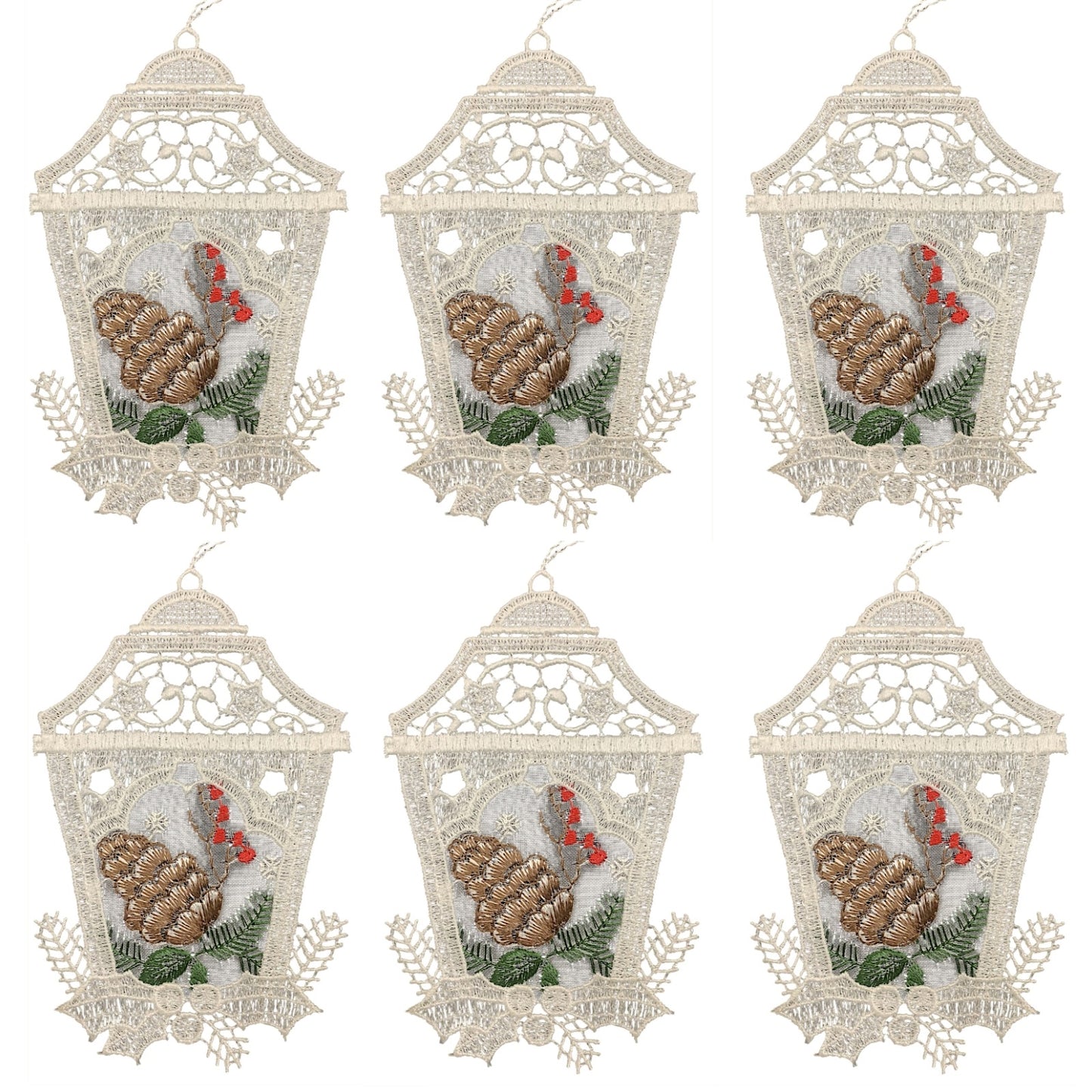 Lantern with Pinecone German Lace Christmas Ornament Set of 6