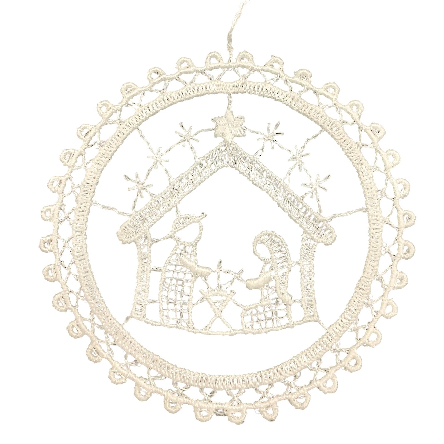 White Lace Circle Nativity Scene Hanging Ornament Set of 6