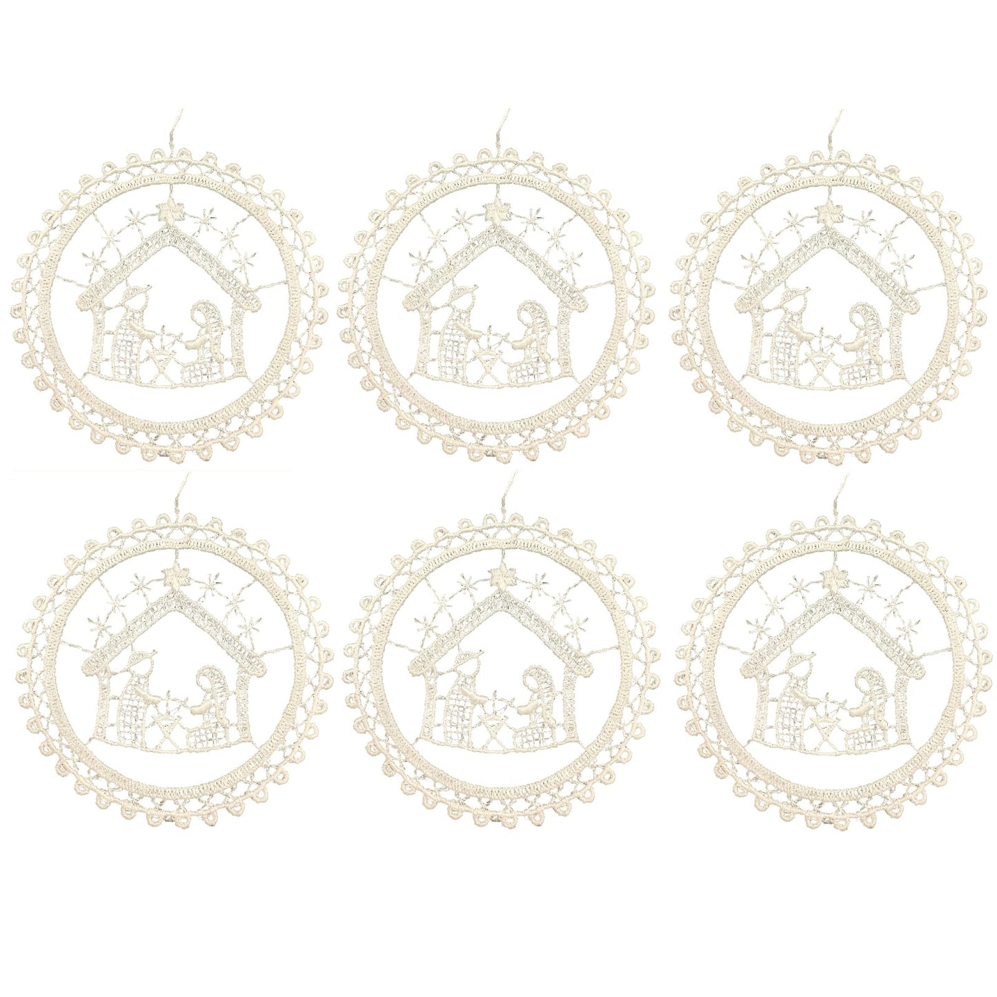 White Lace Circle Nativity Scene Hanging Ornament Set of 6