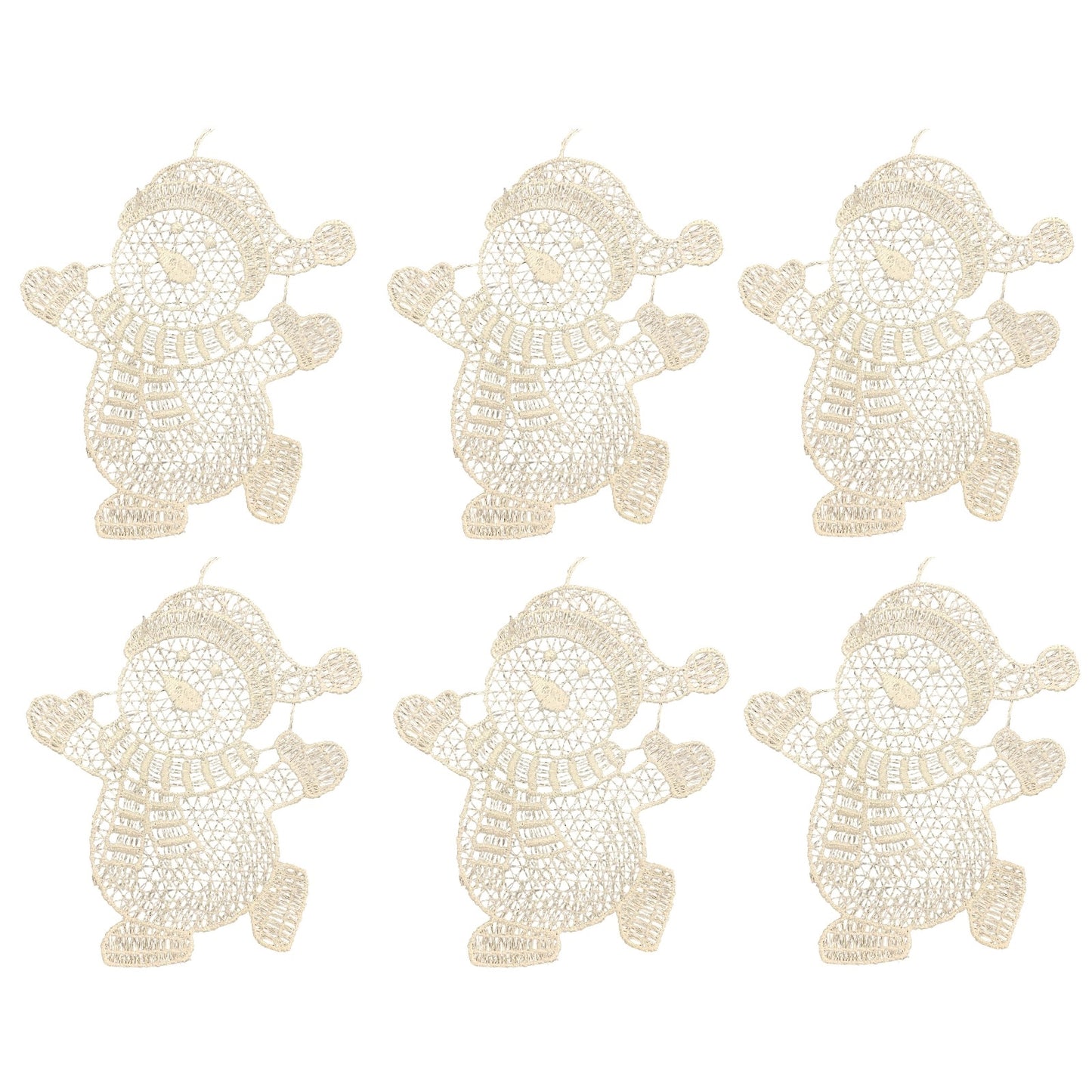 White Lace Snowman Waving Hanging Ornament Set of 6