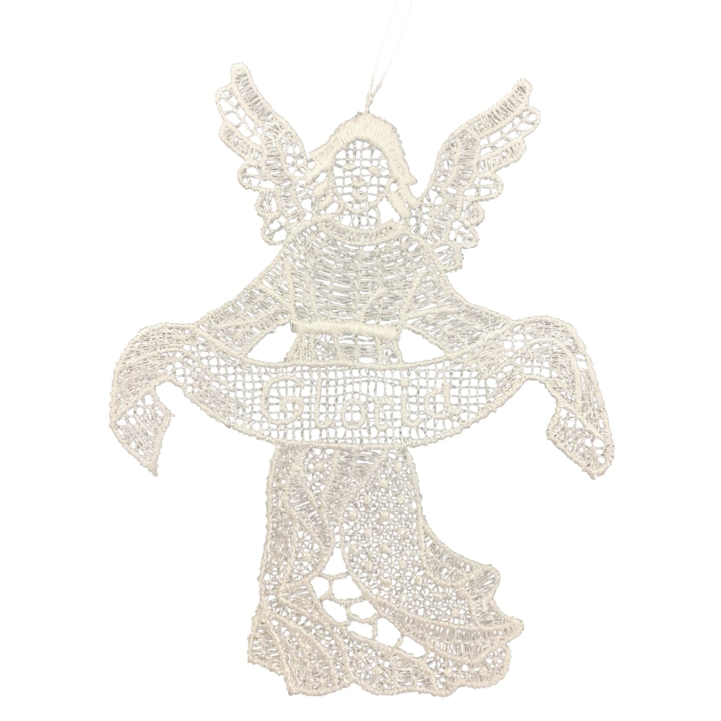 White Lace Angel Ornament holding "Gloria" Banner Set of 6