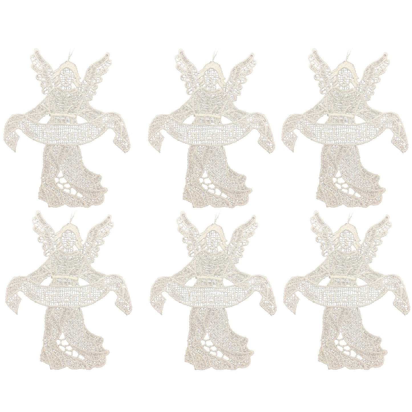 White Lace Angel Ornament holding "Gloria" Banner Set of 6