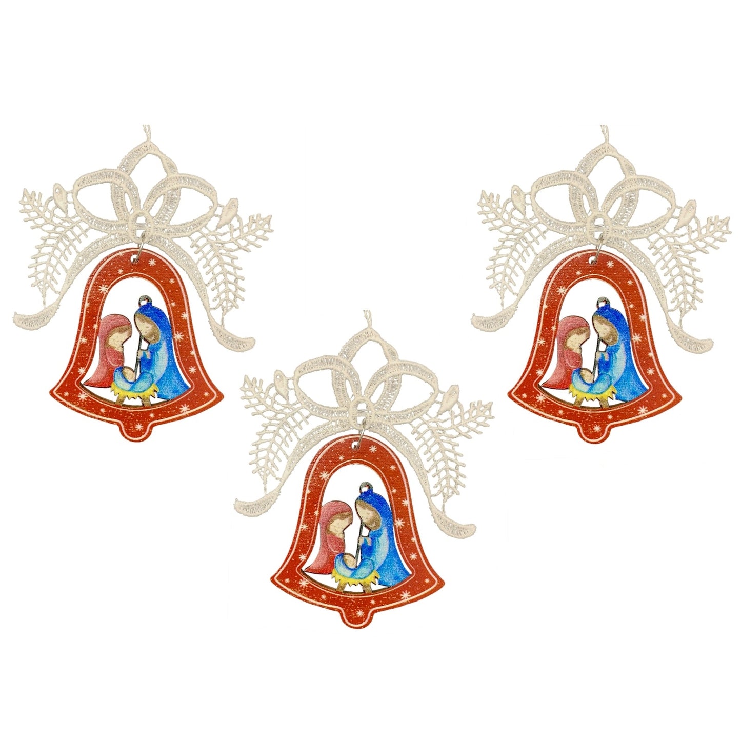 White Lace Ribbon with Colorful Nativity Scene Bell Ornament Set of 3
