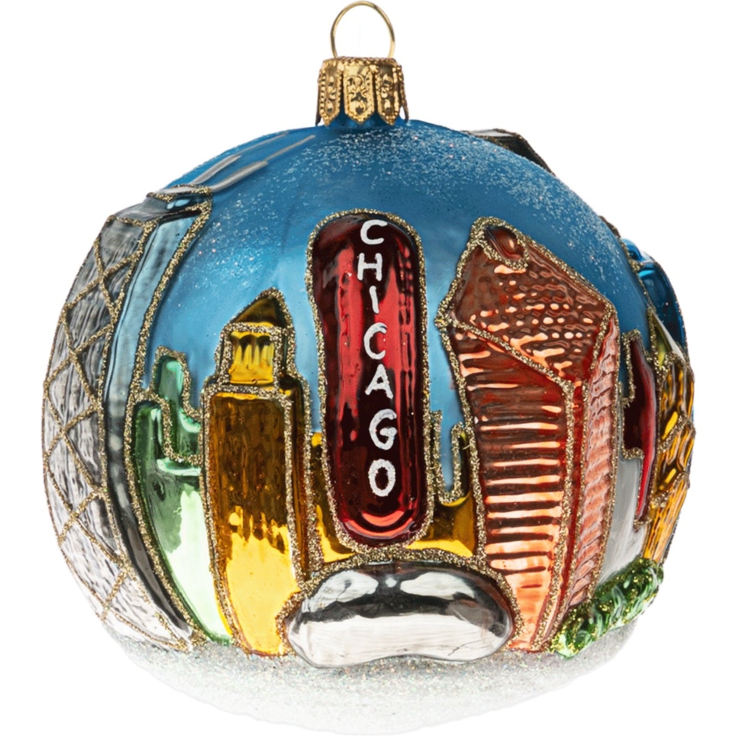 Chicago City Figural Ball Polish Mouth Blown Glass Christmas Ornament