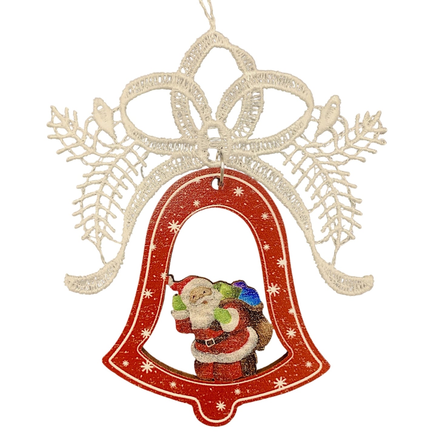 White Lace Ribbon with Colorful Bell and Santa Ornament Set of 3