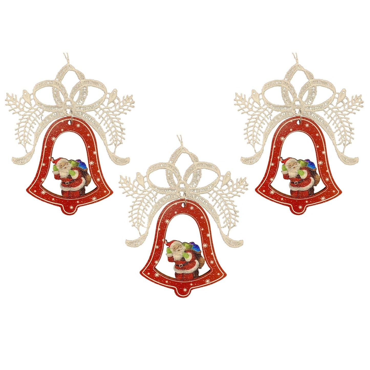 White Lace Ribbon with Colorful Bell and Santa Ornament Set of 3