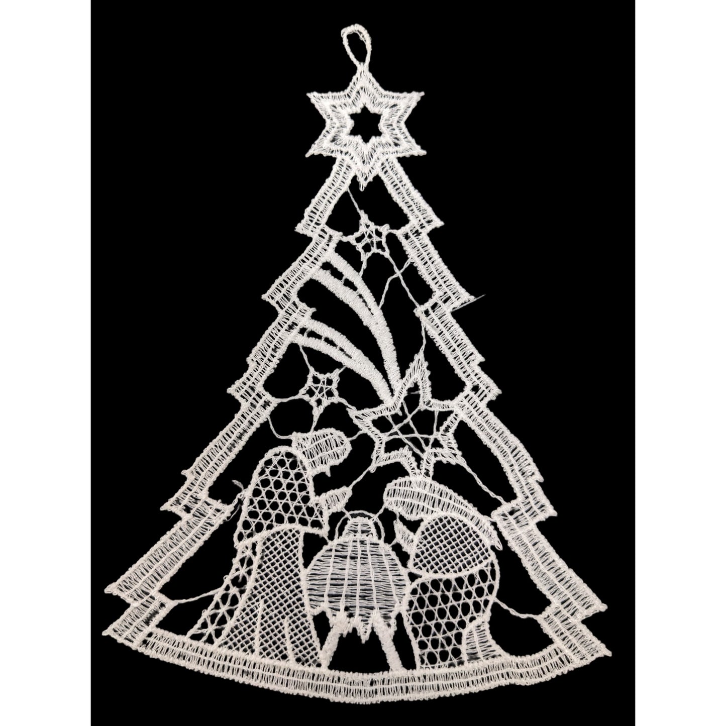 Large White Lace Nativity Scene inside of Christmas Tree Hanging Ornament