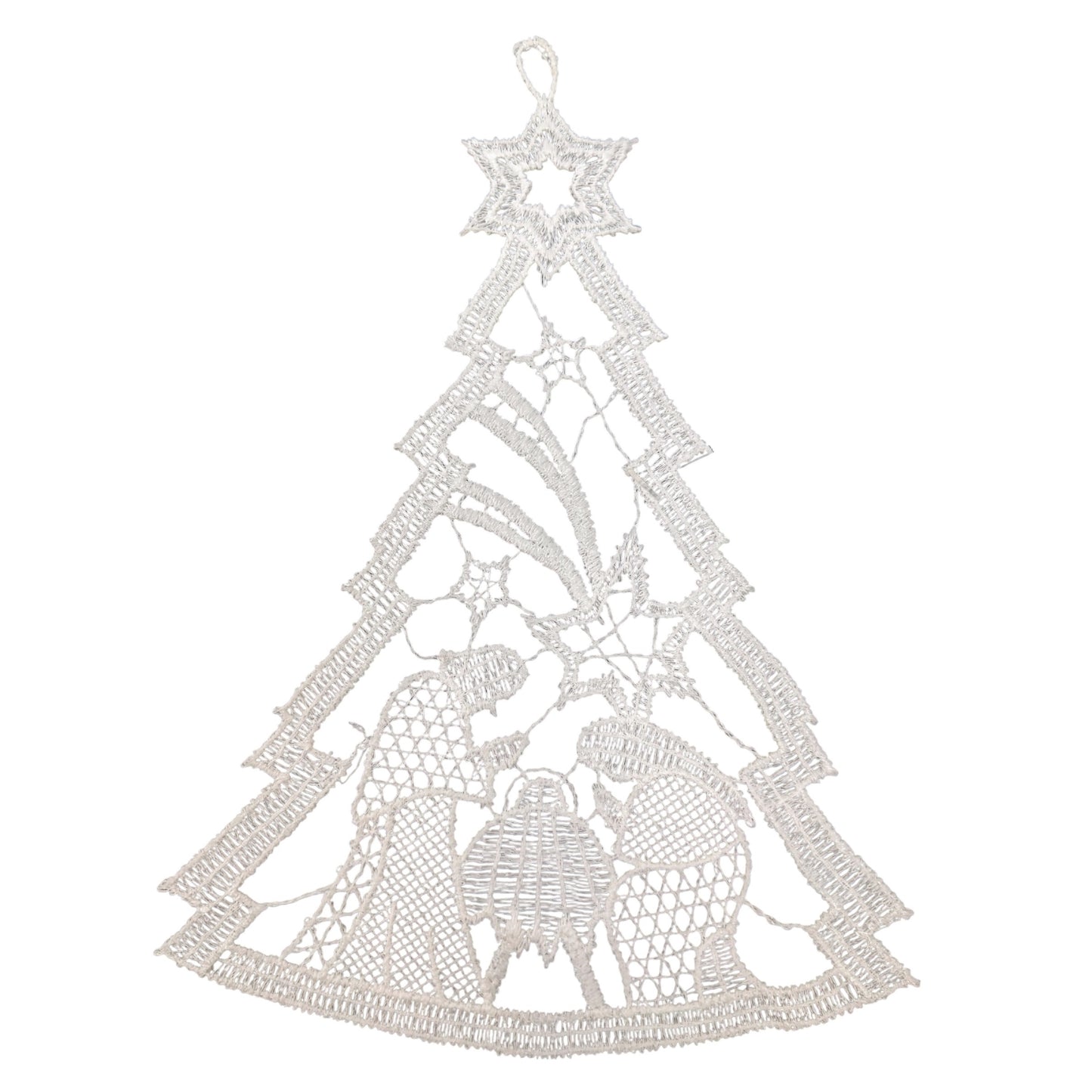Large White Lace Nativity Scene inside of Christmas Tree Hanging Ornament