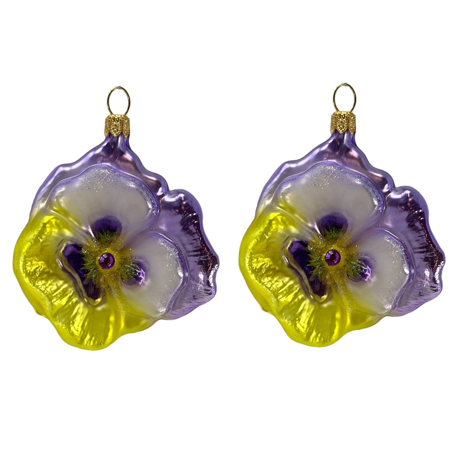 Purple and Yellow Flower Polish Glass Christmas Tree Ornaments Set of 2