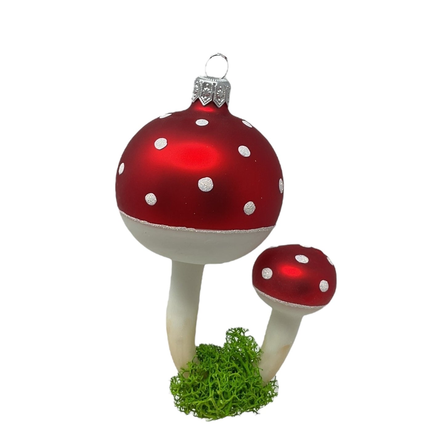 Pair of Red Toadstool Mushrooms with Moss Polish Glass Christmas Tree Ornament