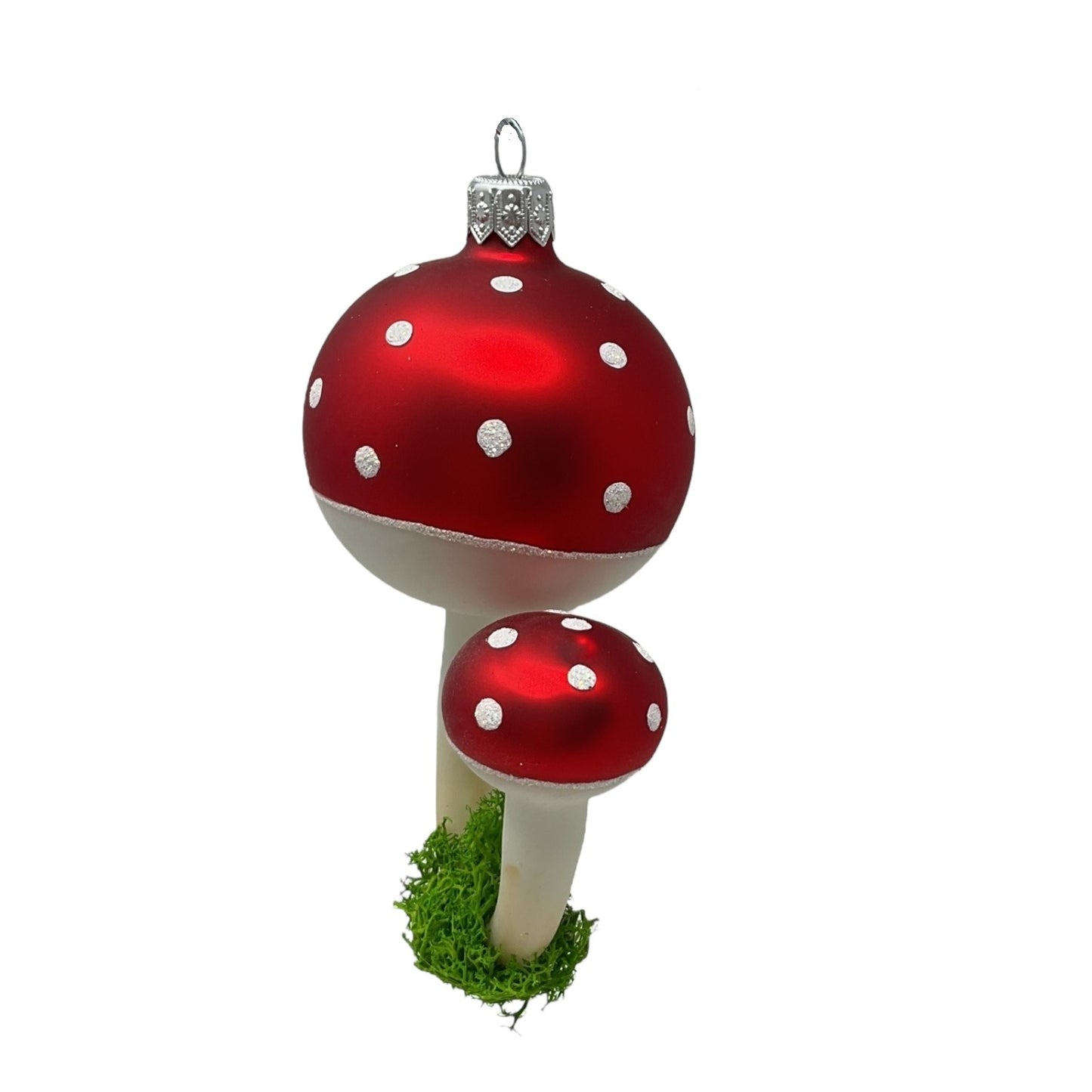 Pair of Red Toadstool Mushrooms with Moss Polish Glass Christmas Tree Ornament