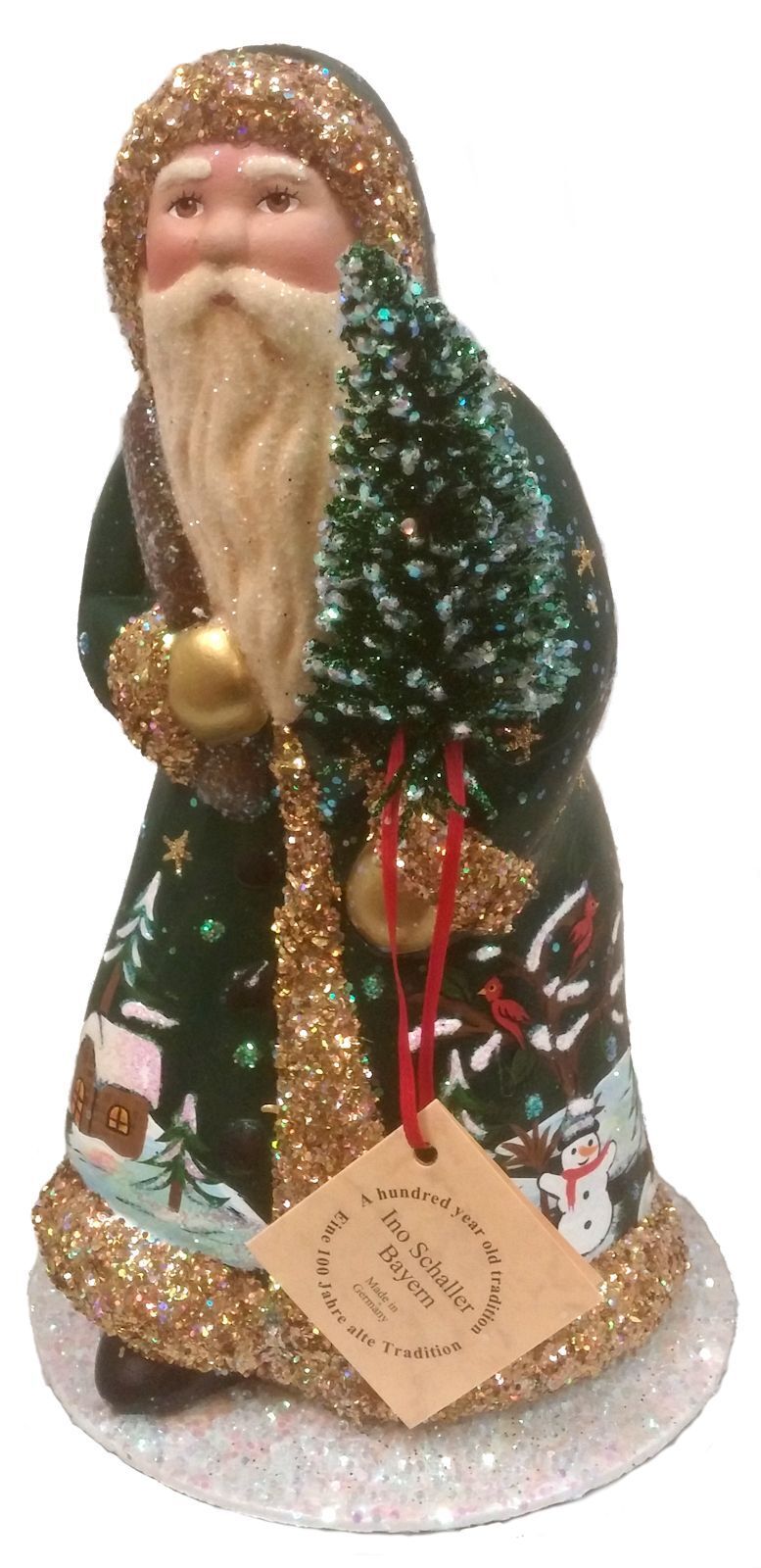 Ino Schaller Brunswick Green Winter Scene Walking Santa German Paper Mache