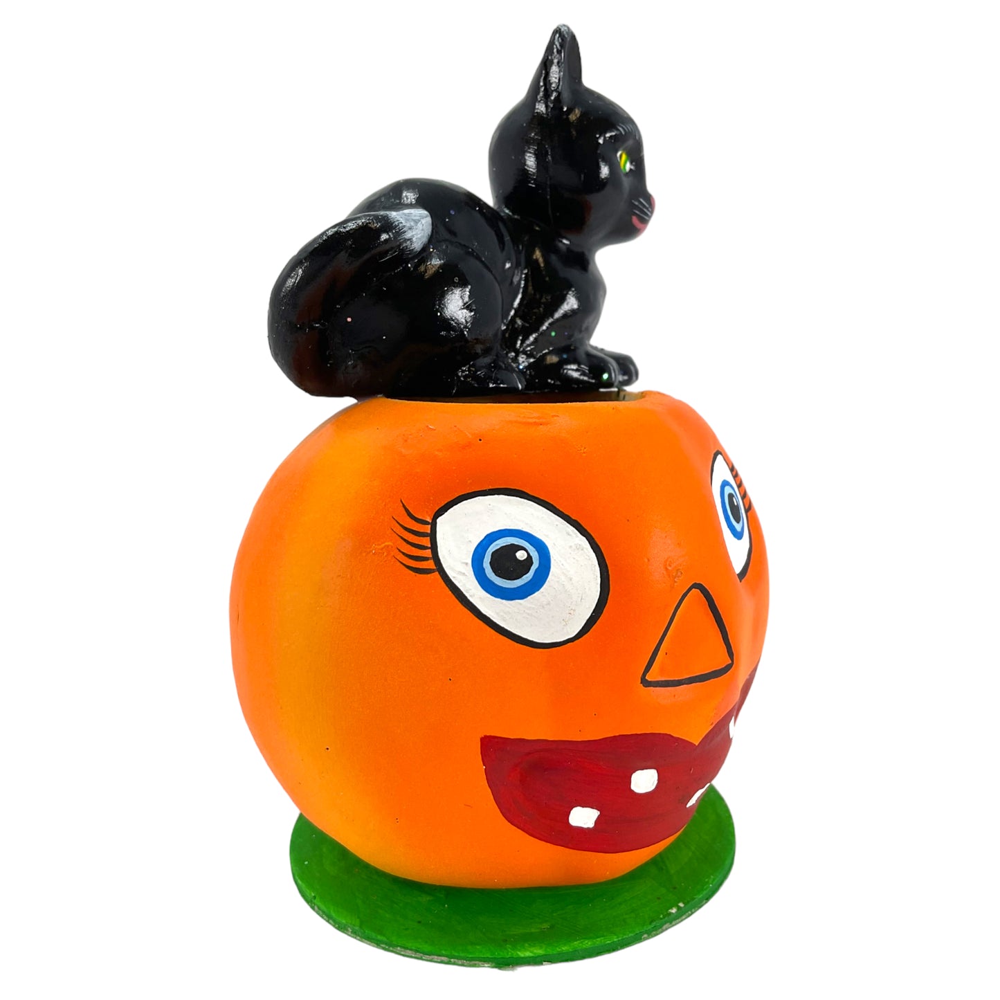 Pinnacle Peak Trading Ino Schaller Black Cat Sitting on Pumpkin Jack O Lantern German Paper Mache