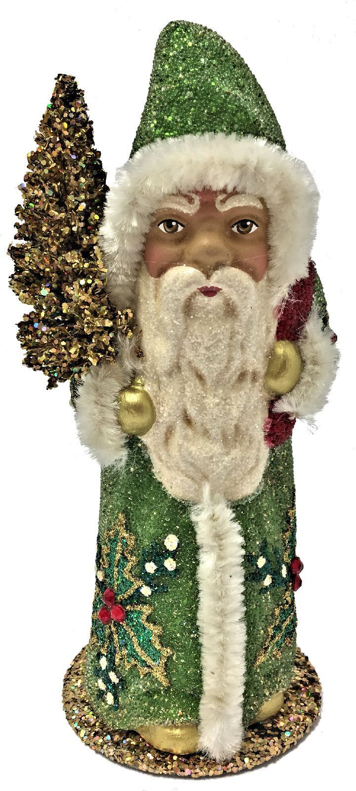 Ino Schaller Green Beaded Santa Holly Leaves German Paper Mache Candy Container