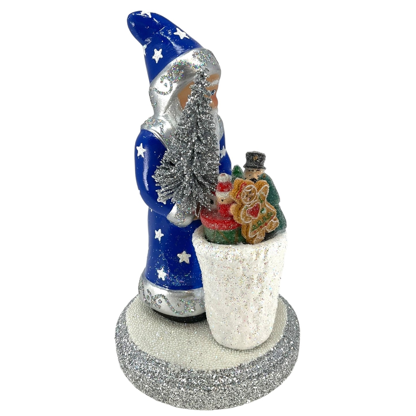 Pinnacle Peak Trading Ino Schaller Blue Santa with Stars and Basket of Toys German Paper Mache