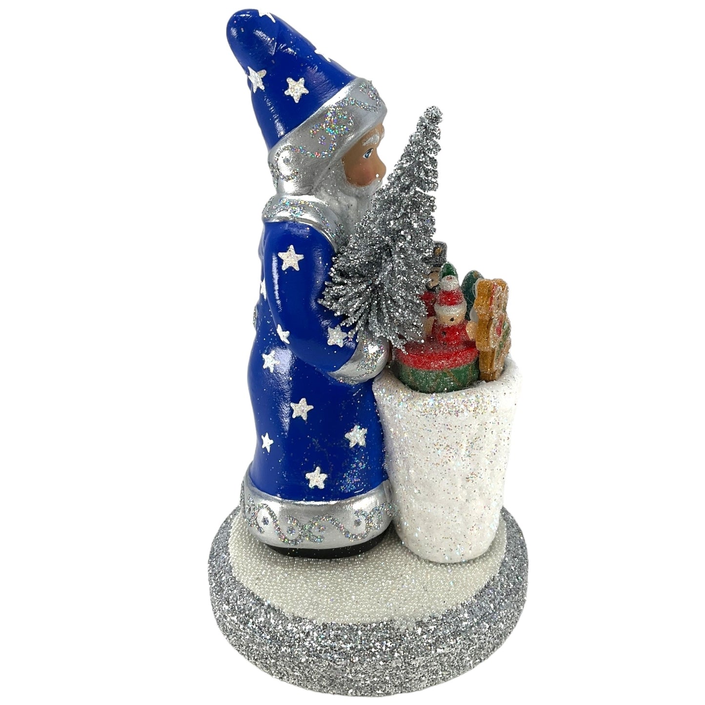 Pinnacle Peak Trading Ino Schaller Blue Santa with Stars and Basket of Toys German Paper Mache