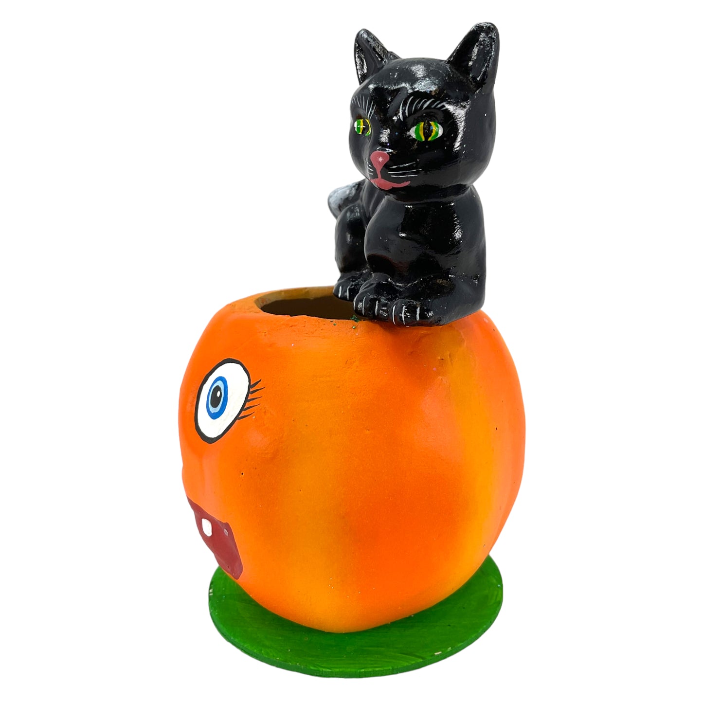 Pinnacle Peak Trading Ino Schaller Black Cat Sitting on Pumpkin Jack O Lantern German Paper Mache