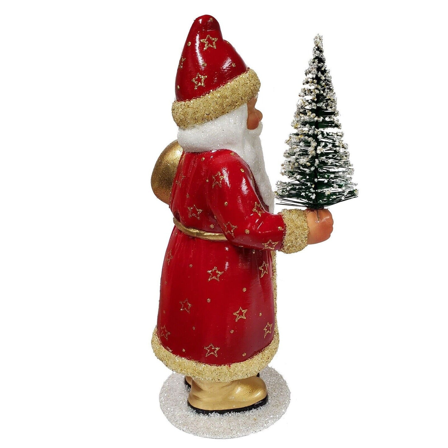 Ino Schaller Red Santa with Gold Stars Holding Christmas Tree German Paper Mache