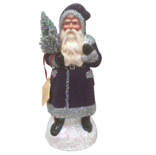Ino Schaller Purple Beaded Santa with Silver Tree German Paper Mache  Germany
