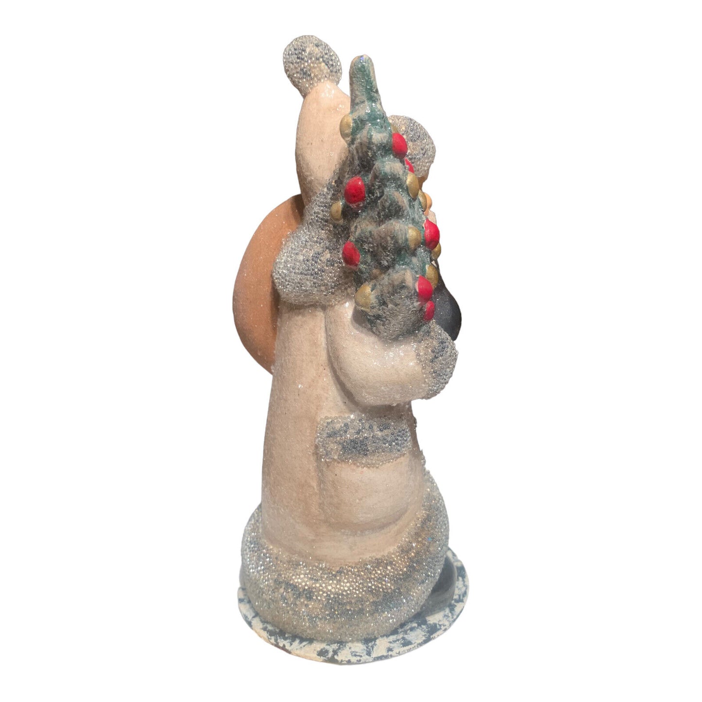 Ino Schaller Old Finish Santa with Brown Bag and Tree German Paper Mache 7 Inch