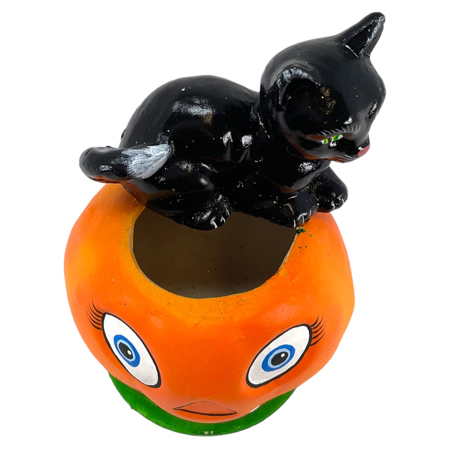 Pinnacle Peak Trading Ino Schaller Black Cat Sitting on Pumpkin Jack O Lantern German Paper Mache