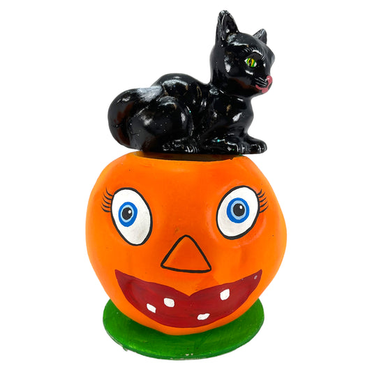 Pinnacle Peak Trading Ino Schaller Black Cat Sitting on Pumpkin Jack O Lantern German Paper Mache