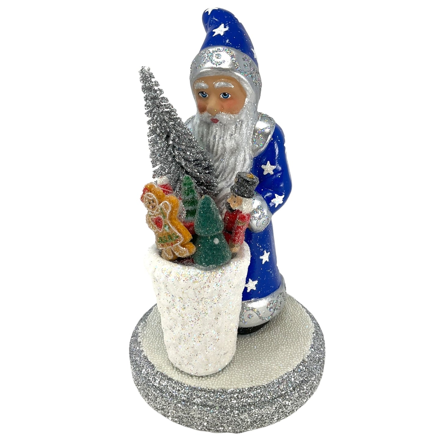 Pinnacle Peak Trading Ino Schaller Blue Santa with Stars and Basket of Toys German Paper Mache
