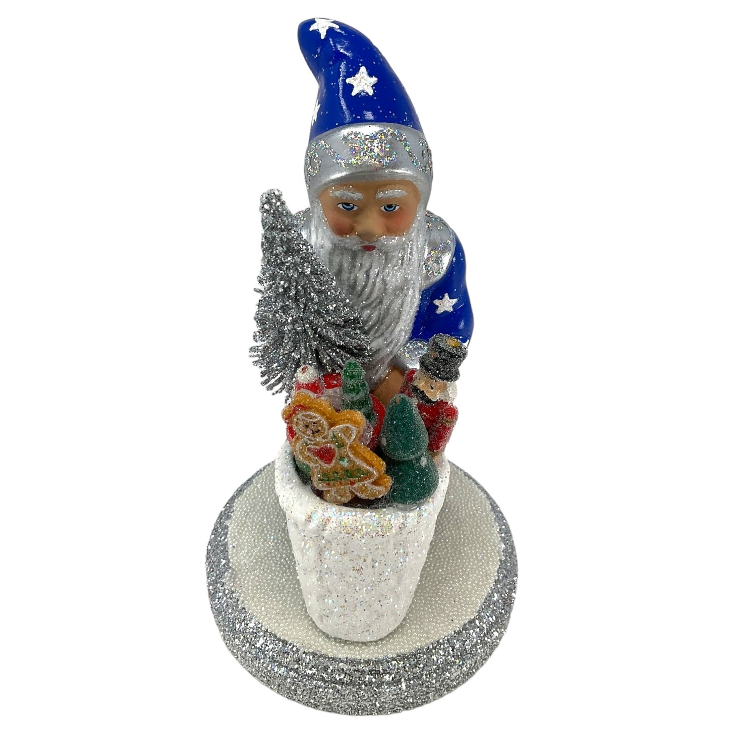 Pinnacle Peak Trading Ino Schaller Blue Santa with Stars and Basket of Toys German Paper Mache