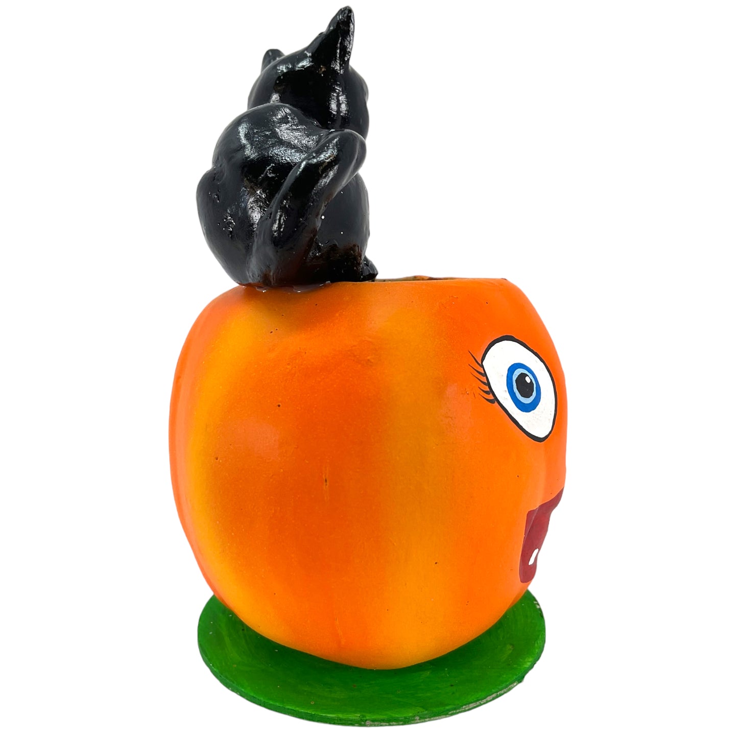 Pinnacle Peak Trading Ino Schaller Black Cat Sitting on Pumpkin Jack O Lantern German Paper Mache