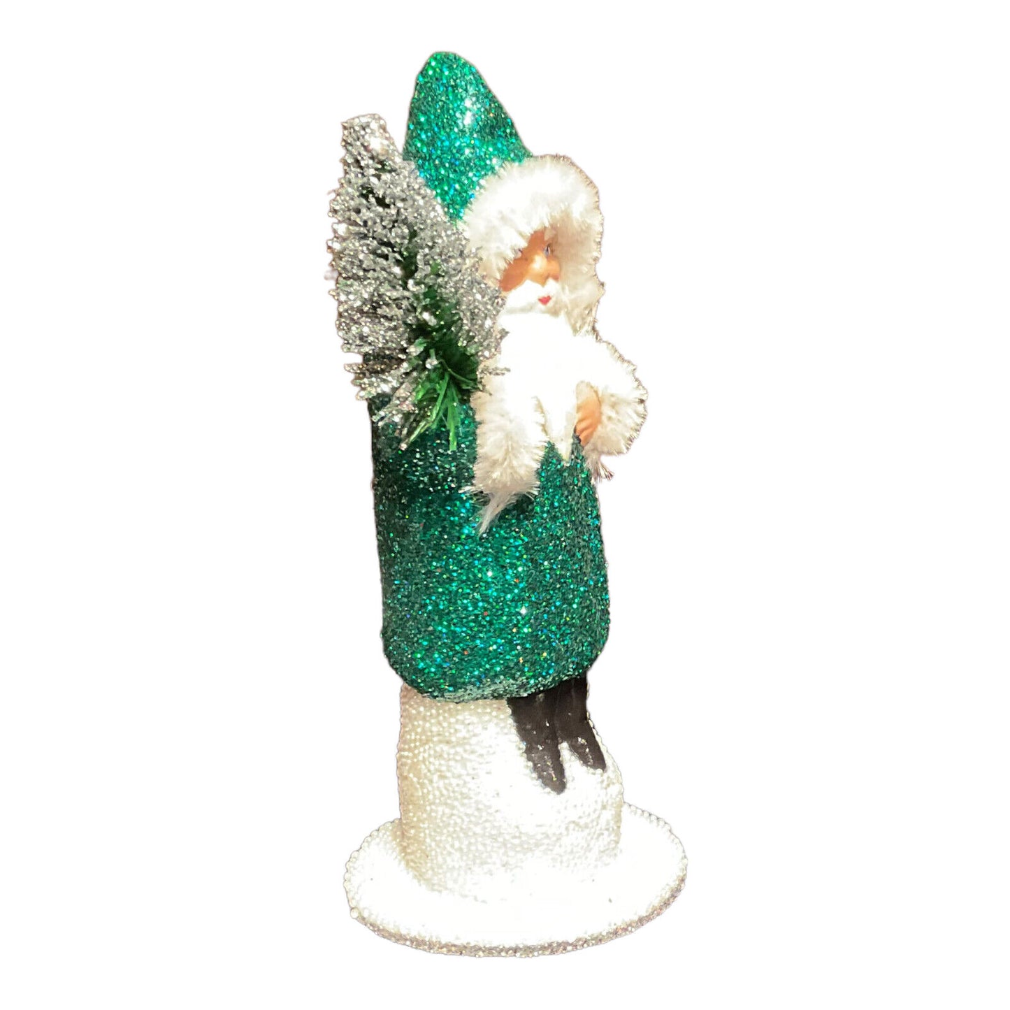 Ino Schaller Forest Green Glitter Santa German Paper Mache Candy Container