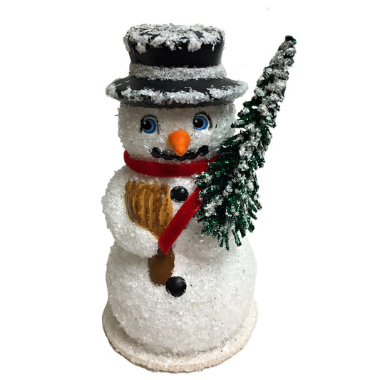 Ino Schaller Snowman with Broom and Tree German Paper Mache Candy Container